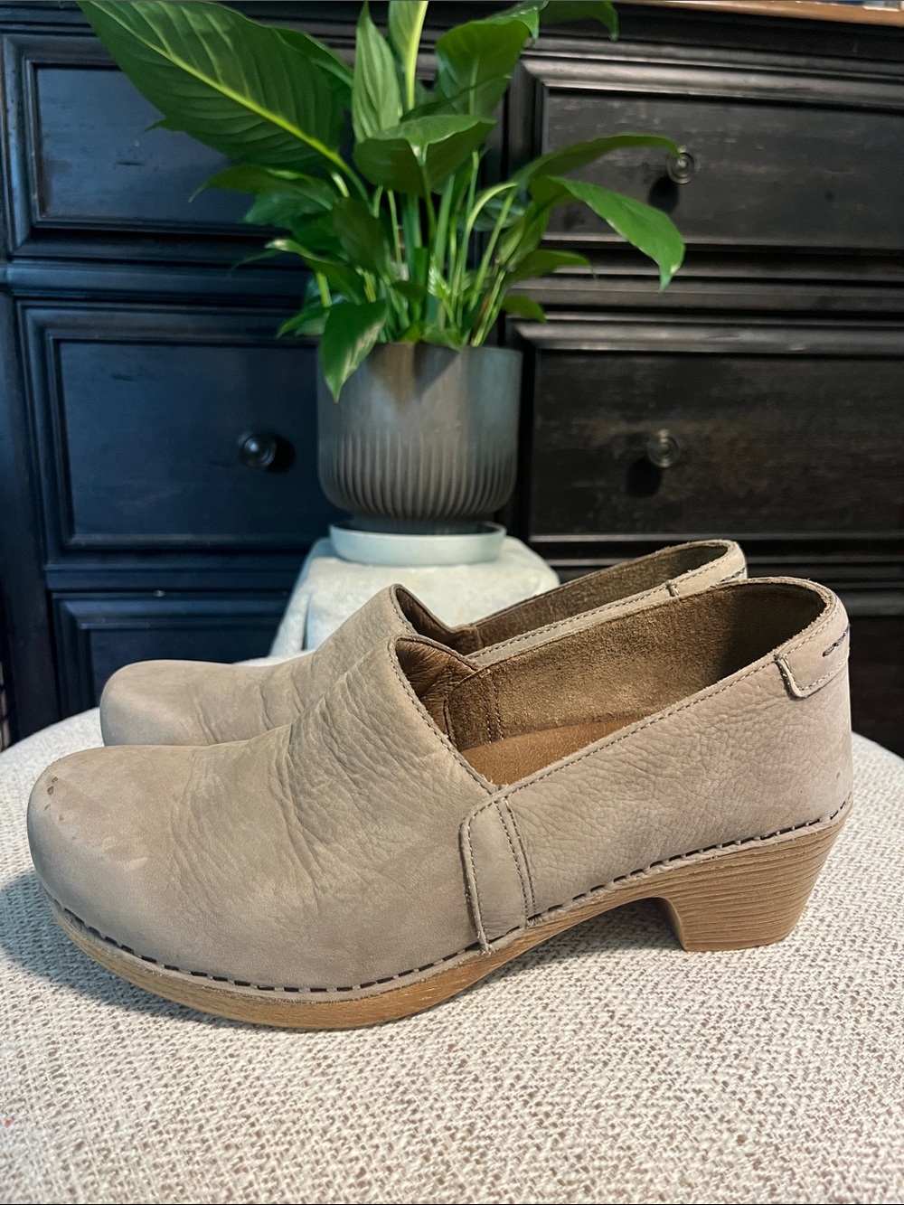 Dansko Taupe Leather Slip-On Clogs